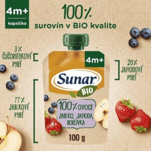 SUNAR Bio ovocná kapsička jablko jahoda čučoriedka 4m+ 100 g